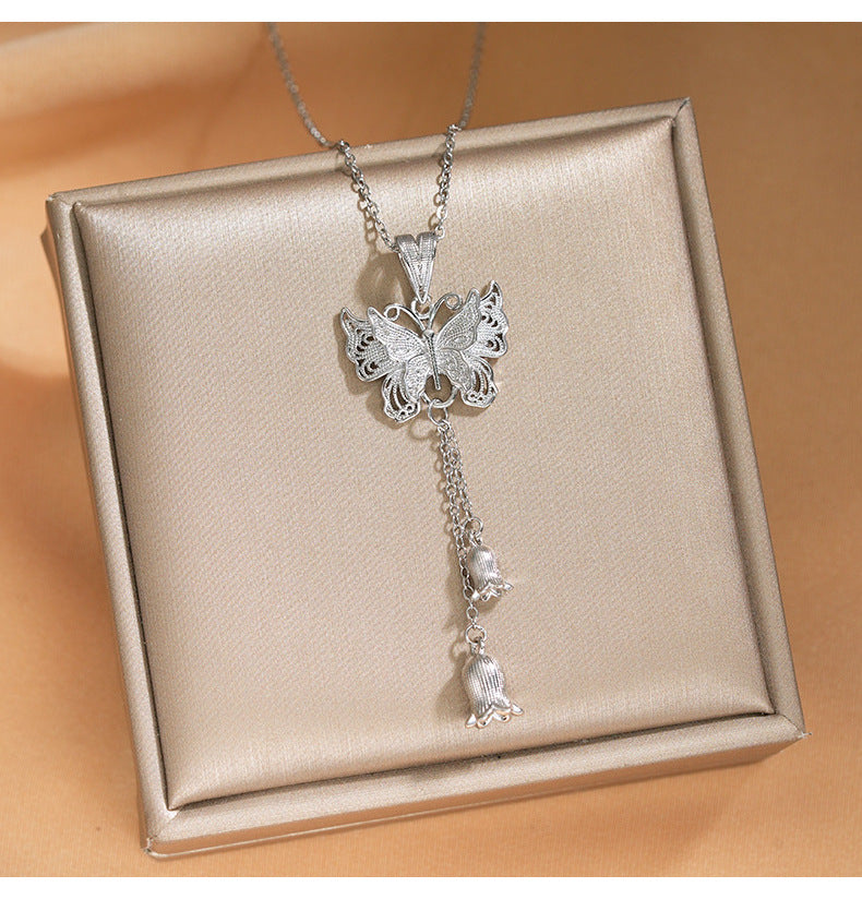 Elegant Inlaid Zircon Exquisite Titanium Steel Necklace for Women Fashionable Versatile Internet Celebrity Collarbone Chain Niche Light Luxury Jewelry