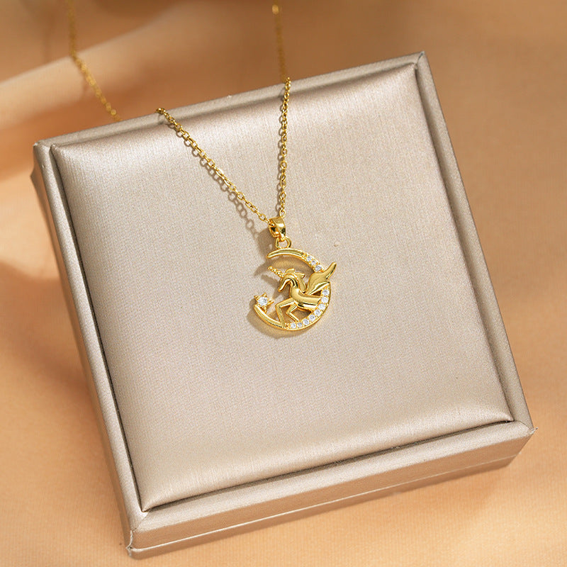 Elegant Inlaid Zircon Exquisite Titanium Steel Necklace for Women Fashionable Versatile Internet Celebrity Collarbone Chain Niche Light Luxury Jewelry