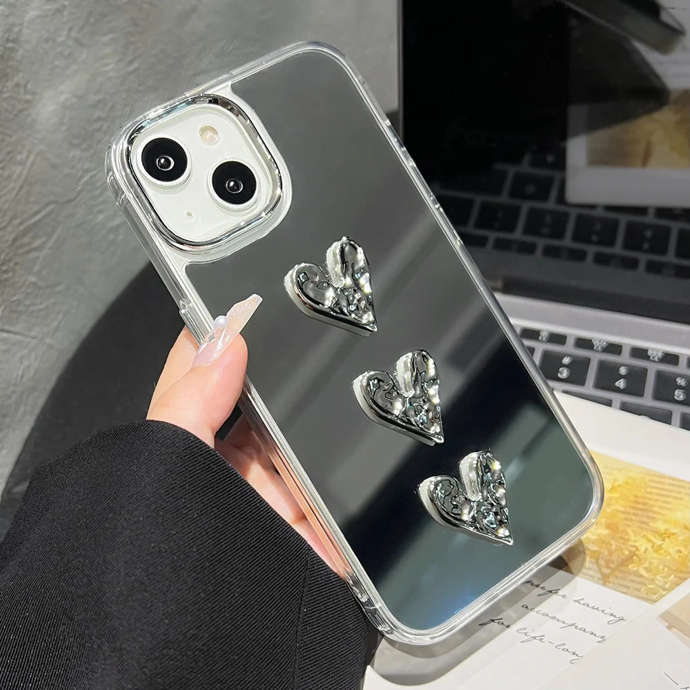 Love Heart Lanyard Mirror Phone Case For iPhone 13 11 16 15 Pro Max 12 14 Plus XR X XS Case Wrist Chain Makeup Mirror Soft Cover