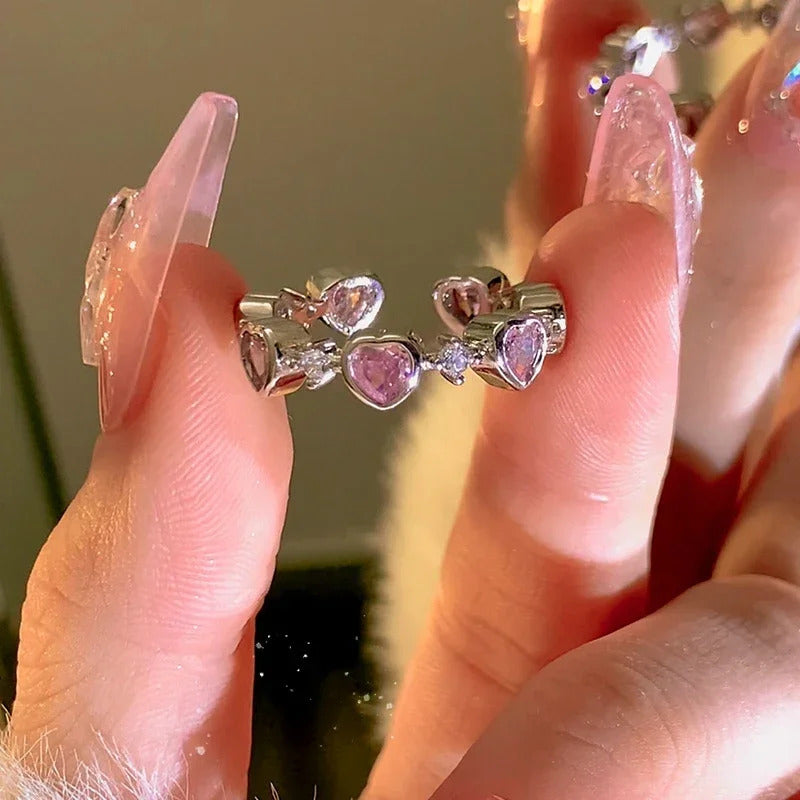 Pink Love Heart Rings for Women Opening Personality Thorn Finger Ring Fashion Sweet Girls Jewelry Wedding Party Accessories 2024