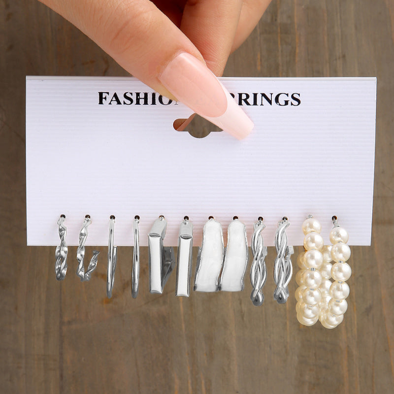 Metal Earrings Square Geometric Earrings Vintage Imitation Pearl Earrings Hepburn Earrings suit 6-piece Set