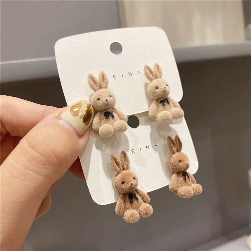 Cute Flocking Plush Rabbit Bear Stud Earrings Kawaii Brown Khaki Animal Earrings For Women Girls Korean Earring Jewelry