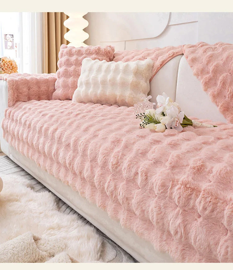 Rabbit Plush Sofa Cover Winter Thickening Warm Plush Cushions Non-Slip Living Room Leather Sofa Backrest Armrests Super Soft