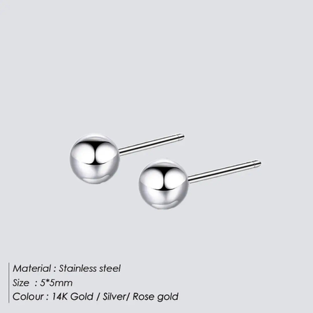 SUNIBI Classic Stud Earrings for Women 3/4/5/6/8/10mm Silver Color Ball Stainless Steel Earring Korean Trend Jewelry Wholesale