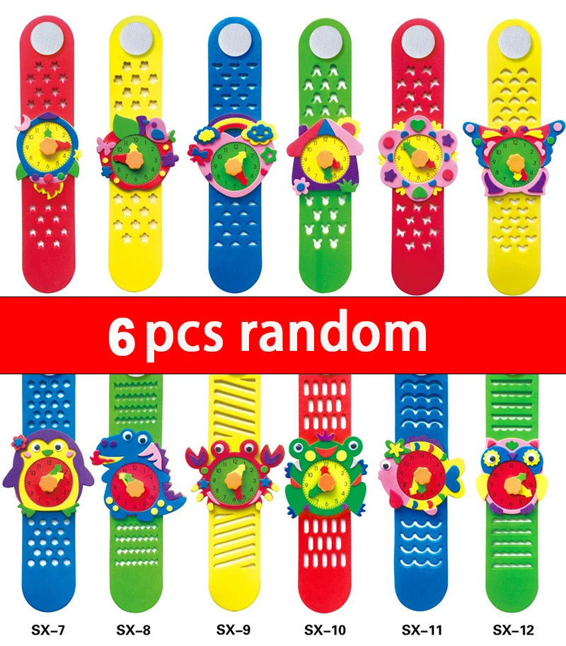 2/4/6PCS 3D EVA Foam Watch Kids DIY Art Craft Toys Cartoon Animal Clock Bracelet Handmade Material Kits For Children Boys Girls
