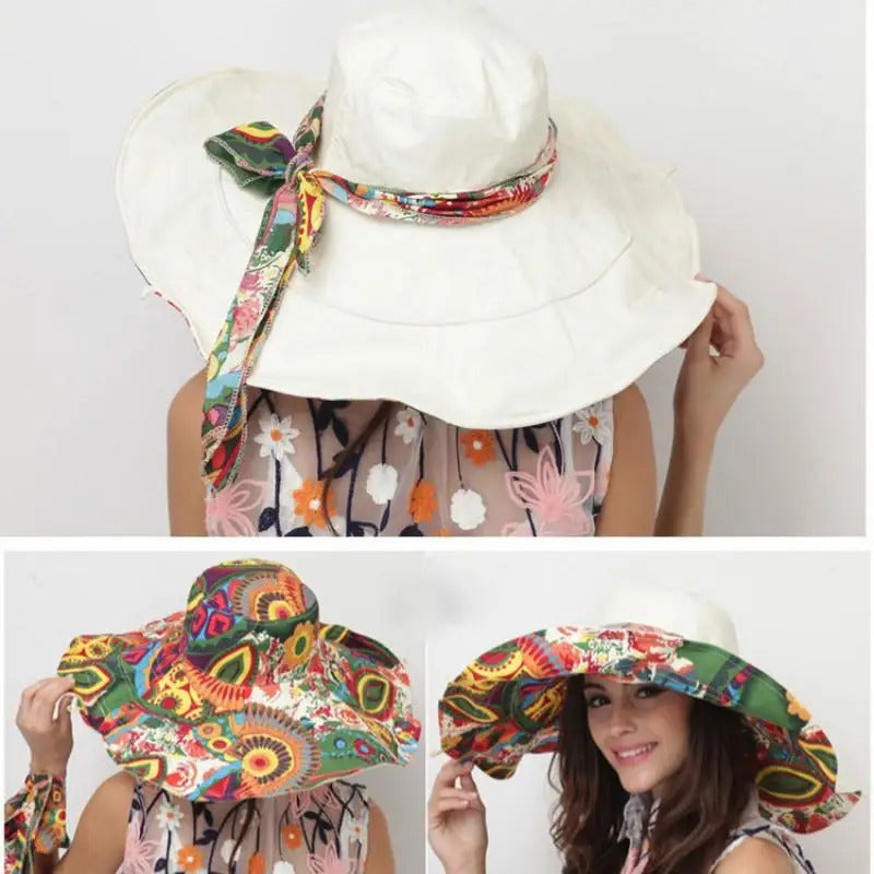 Sun Hats for Women Summer Large Beach Hat Flower Printed Wide Brim Bob Chapeu Panama Feminino