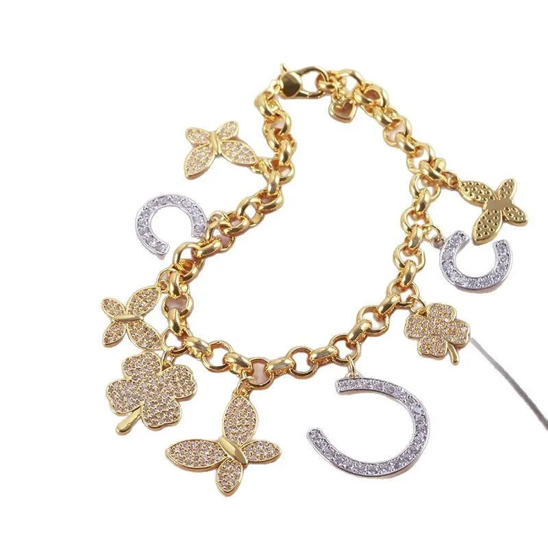 Jewelry Sparklig Full Diamod Persoalized Clover Flower Butterfly Geometric U-Shaped Horseshoe Multi Pedat Bracelet For