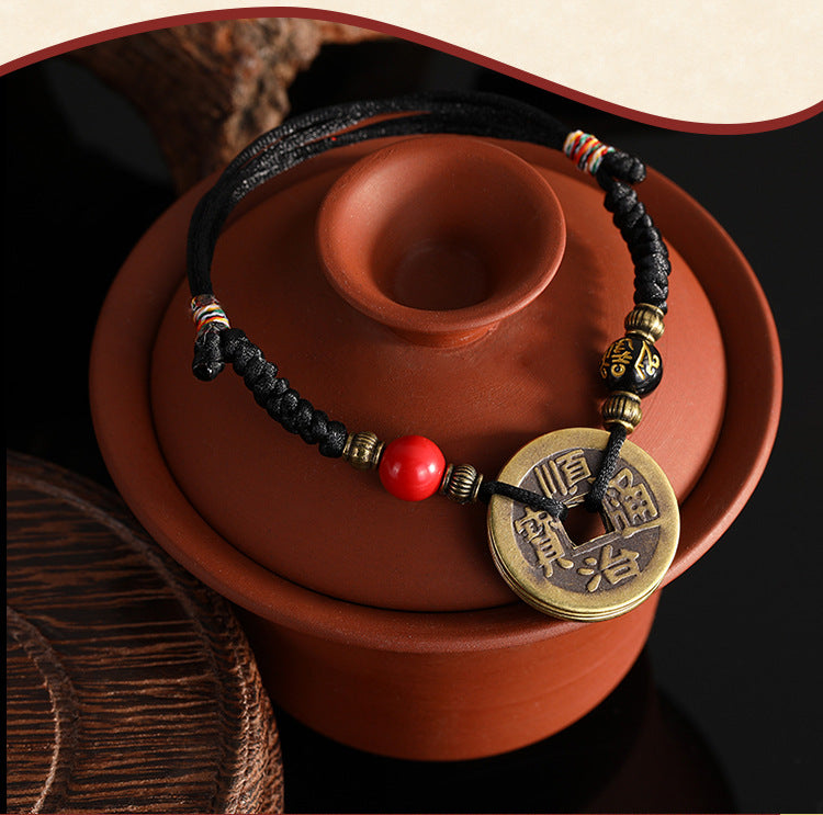 Five Emperor Coins Woven Bracelet Pure Copper Copper Coins Woven Five Emperor Coins Qianlong Copper Coin Bracelet Red String