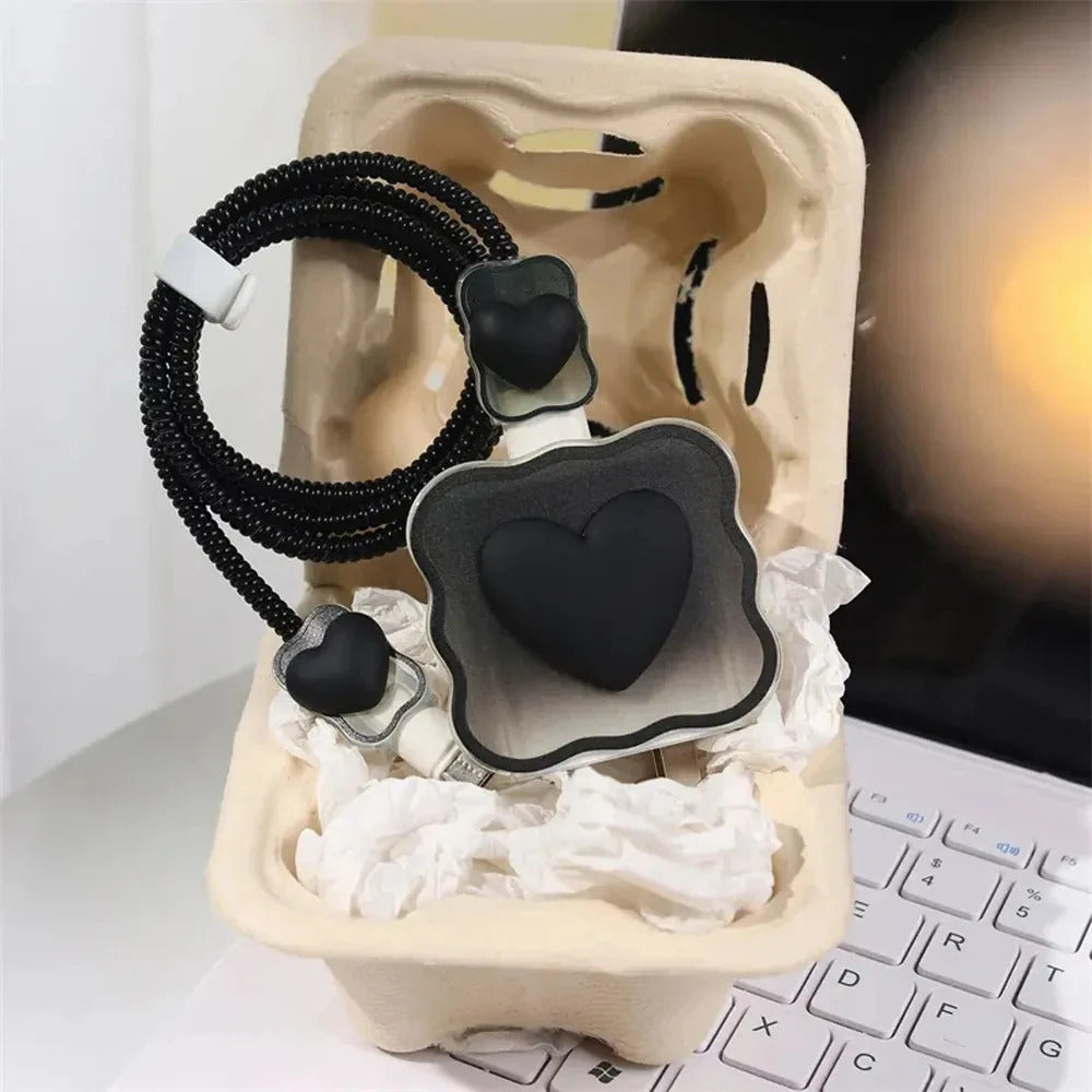 Charger Protector Cable Organiser for iPhone 14 13 Pro Max 18W 20W 3D Cartoon Love Heart Data Cable Management Cord Winder Kit