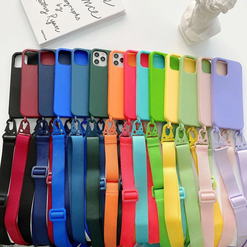 2025 Crossbody Strap Lanyard Silicone Phone Case For iPhone 16 15 14 13 12 Mini 11 Pro Max Plus Candy Color Soft TPU Back Cover