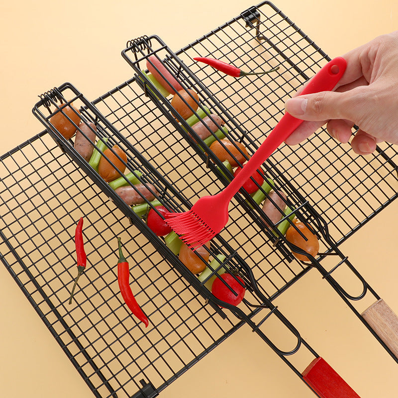 Cross-Border Wooden Handle BBQ Cage Outdoor Camping Meat Vegetable BBQ Net Rack Picnic Grilling Tool Charcoal Grilled Sausage Skewers