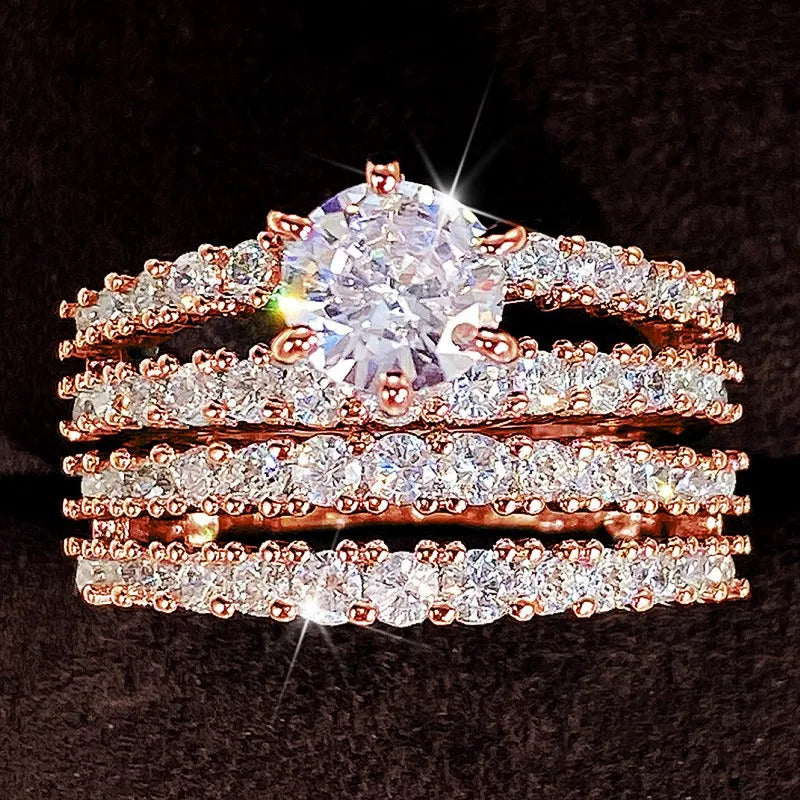 Huitan Trendy Hollow Set Rings Full Bling Iced Out CZ Stone Luxury Women Wedding Engagement Rings 2Pcs Set Jewelry Drop Shipping