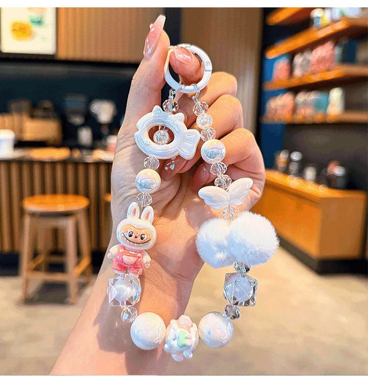 New Labubu wool ball bead Phone Chain Girls Kawaii Cartoon Backpack Pendant Cute Keychain Lanyard Bag Charm Mobile Case Gift