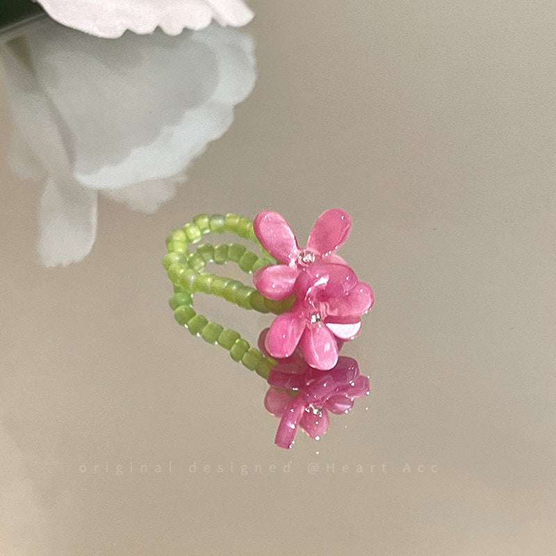 Violet Flower Elastic Beaded Ring for Women 2025 Spring Summer Korean Style Index Finger Ring Dopamine Bestie Layered Ring