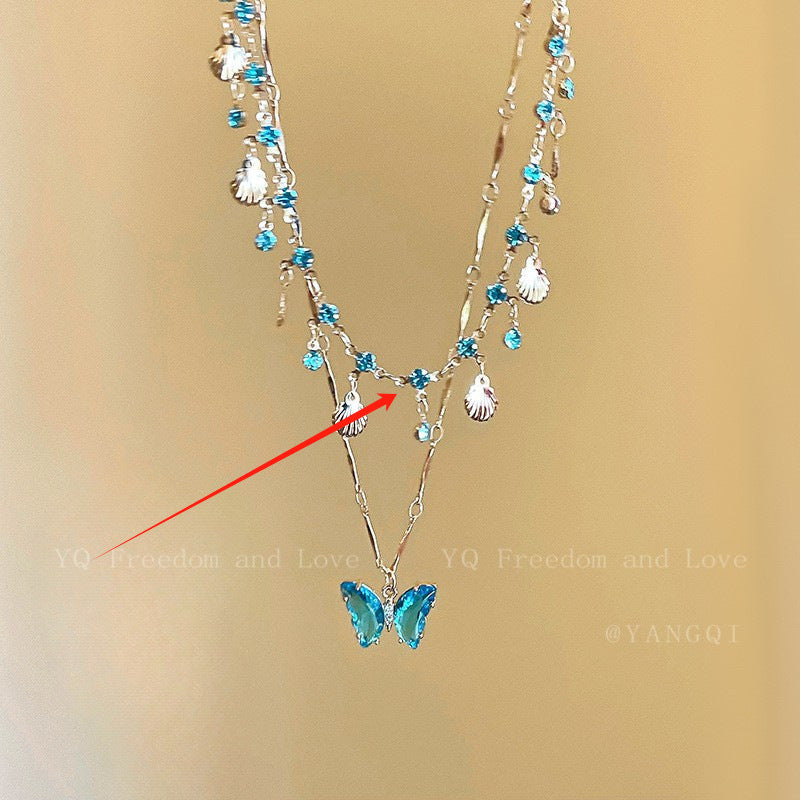 Blue Butterfly Double Tassel Necklace Summer Cool Necklace Accessories Female Niche Clavicle Chain