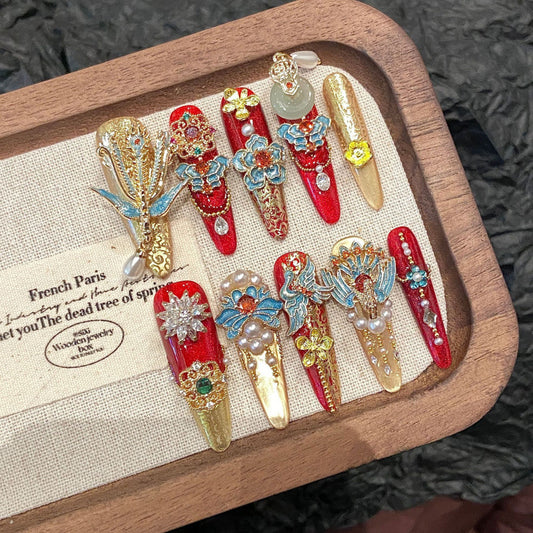 Rikaman Heavy Luxury Full Diamond Wedding Nails Handmade Wearable Nails Premium Wedding Nails Wearable Nail Art Detachable
