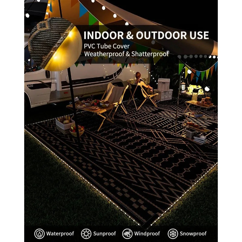 Outdoor Rug Carpet Waterproof 8x10 ft with LED Strip Lights-Patio Rug Mat Indoor Outdoor Rug for RV Camping Picnic