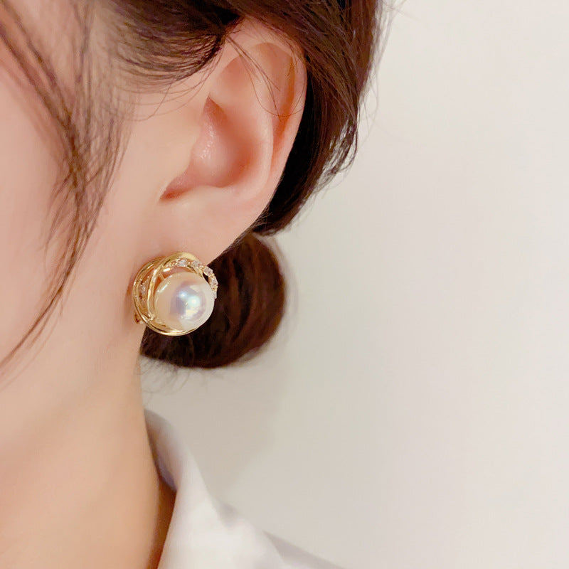 S925 Silver Needle Korean Fashion Simple Diamond-Studded Wrapped Pearl Earrings Exquisite Petite Versatile Socialite Earrings