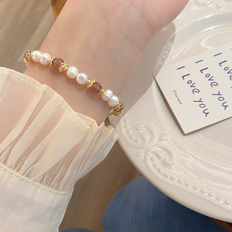 New Style Super Fairy Sweet Strawberry Crystal Bracelet Fresh Ins Gourd Pendant Bracelet String Grey Moonlight Bracelet
