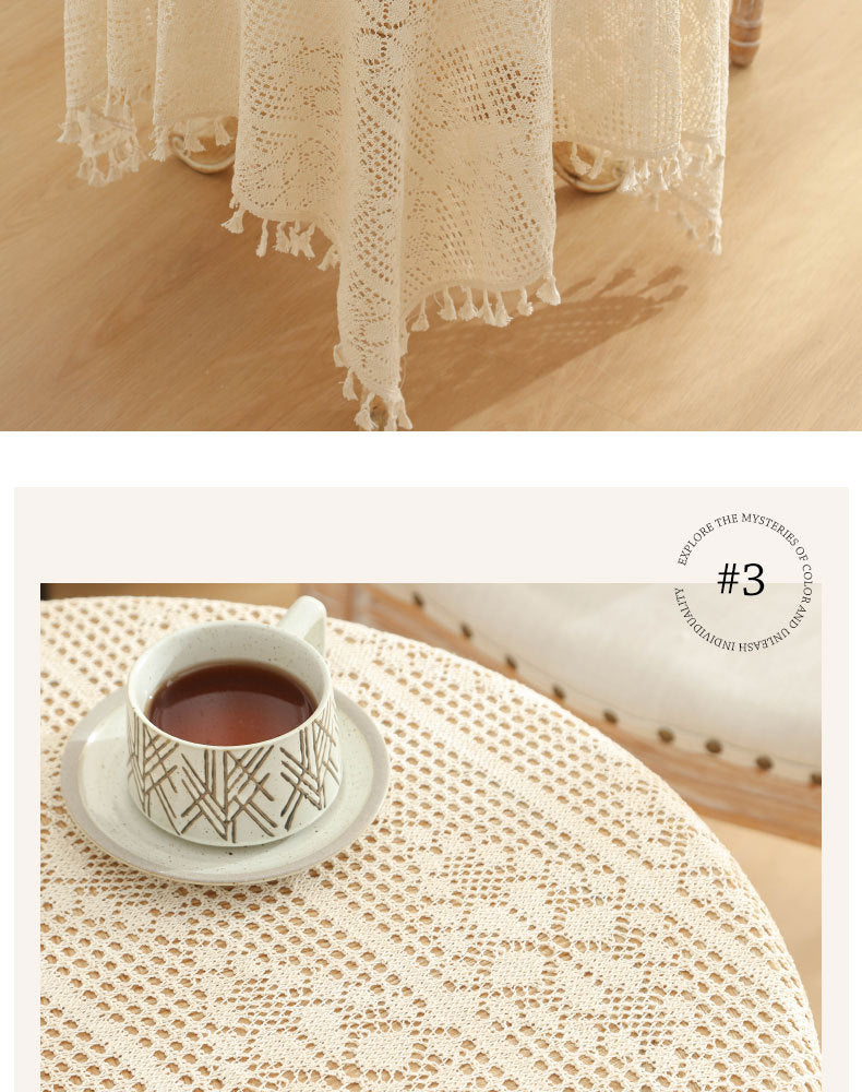 American Pastoral Cotton Woven Tablecloth Lace Hollow Crochet Tassel Dining Tablecloth French Cover Cloth Vintage Ins Tablecloth