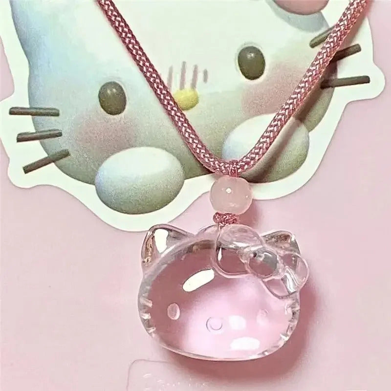 Cute Hello Kitty Pink Crystal Necklace Pendant Lanyard Lovely Kitty Cat Long Rope Jewelry Fashion Sweet Elegant Simple Necklace