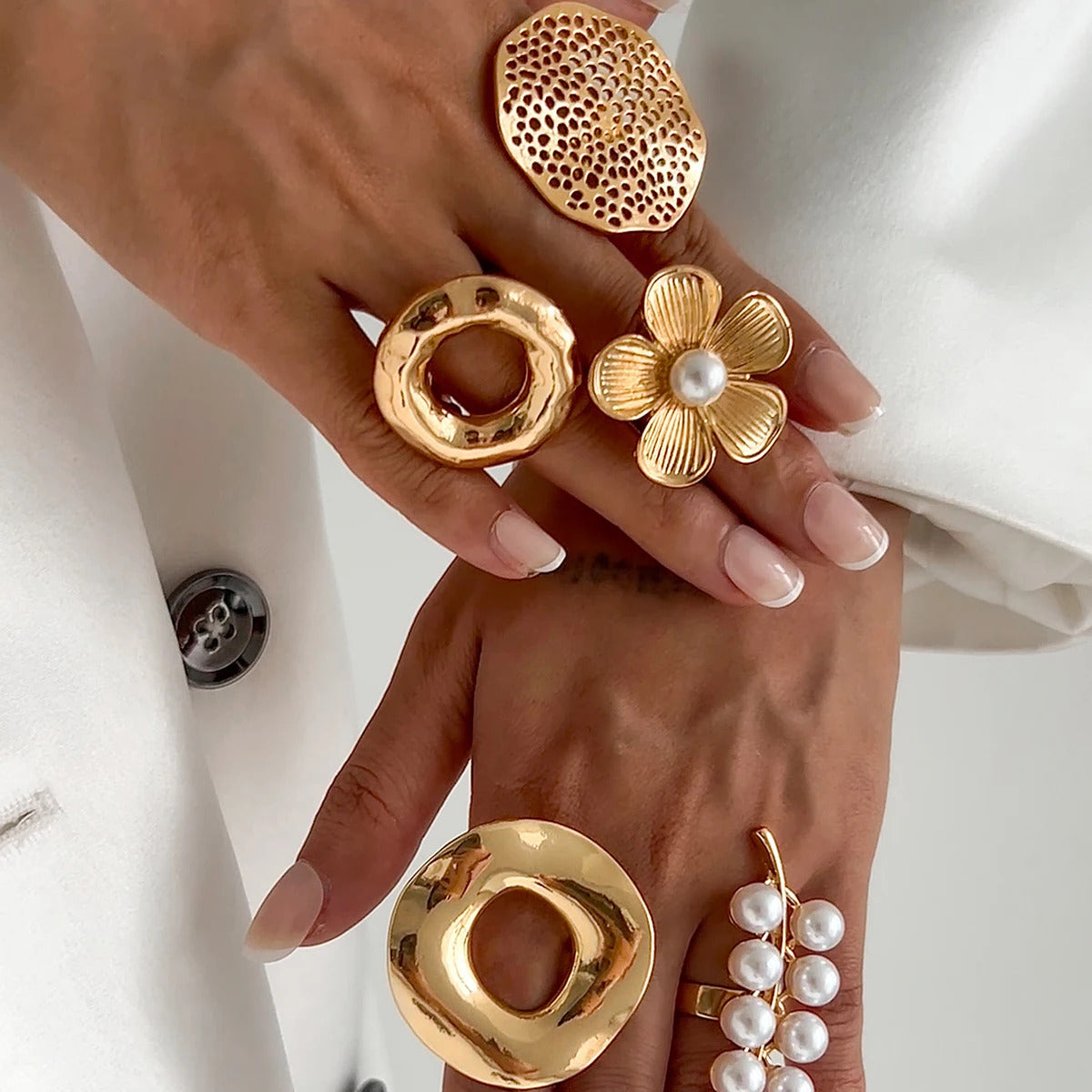 Ingemark Creative Unique Metal Petal Flower Branch Open Ring Women Punk Gold Color Geometric Adjustable Rings Y2K Couple Jewelry