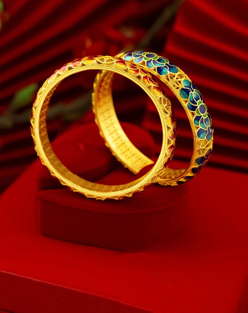 Chinese style wedding jewelry exquisite antique gold craftsred Lotus Flower bangles enamel retro charms bracelet for women