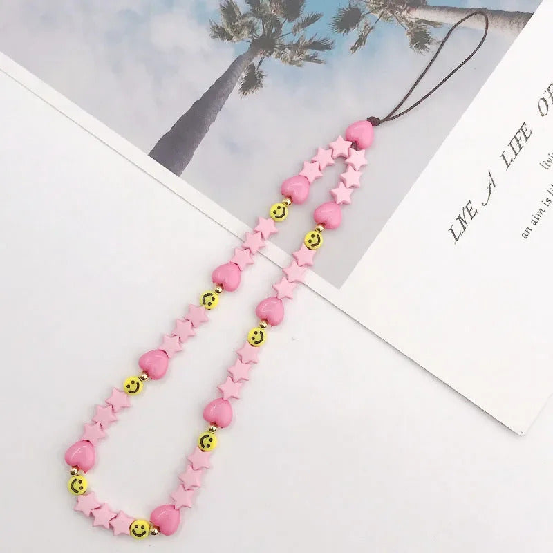 Fashion Charm Pearl Clay Beaded Mobile Phone Chain Acrylic Cartoon Phone Jewelry Women Girls Anti Lost Telephone Lanyard Hanging