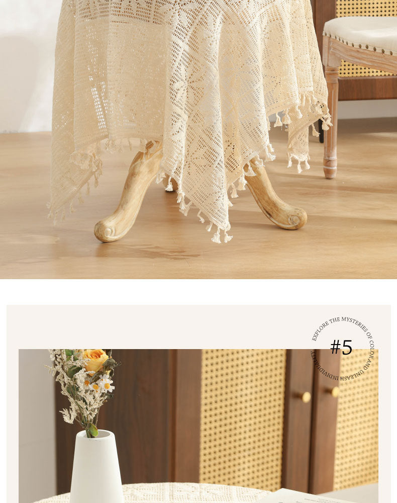 American Pastoral Cotton Woven Tablecloth Lace Hollow Crochet Tassel Dining Tablecloth French Cover Cloth Vintage Ins Tablecloth