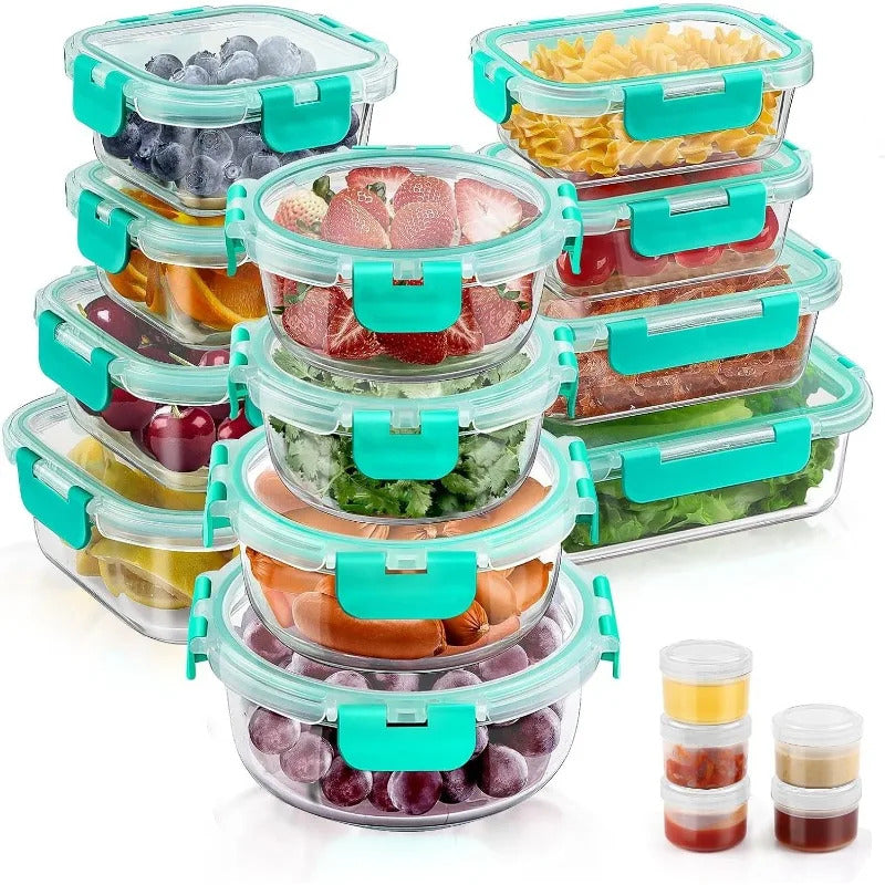 34pcs Glass Food Storage Containers with Lids Set, Airtight Glass Meal Prep Containers (17 Containers & 17 Lids), Leak Proof