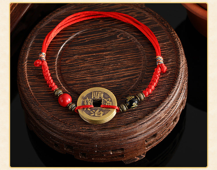 Five Emperor Coins Woven Bracelet Pure Copper Copper Coins Woven Five Emperor Coins Qianlong Copper Coin Bracelet Red String