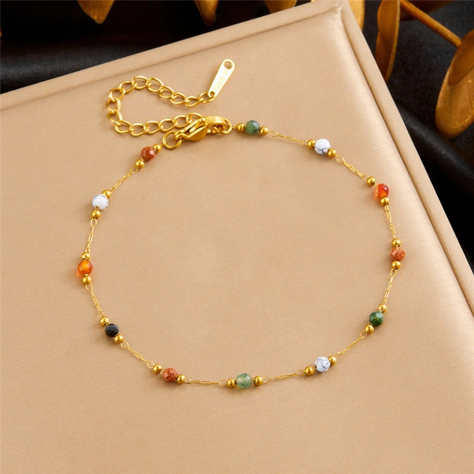 Yupsk 316L Stainless Steel Colorful Beads Chain Bracelet Necklace for Women Girls Retro Stylish Thin Bracelet Jewelry Gift