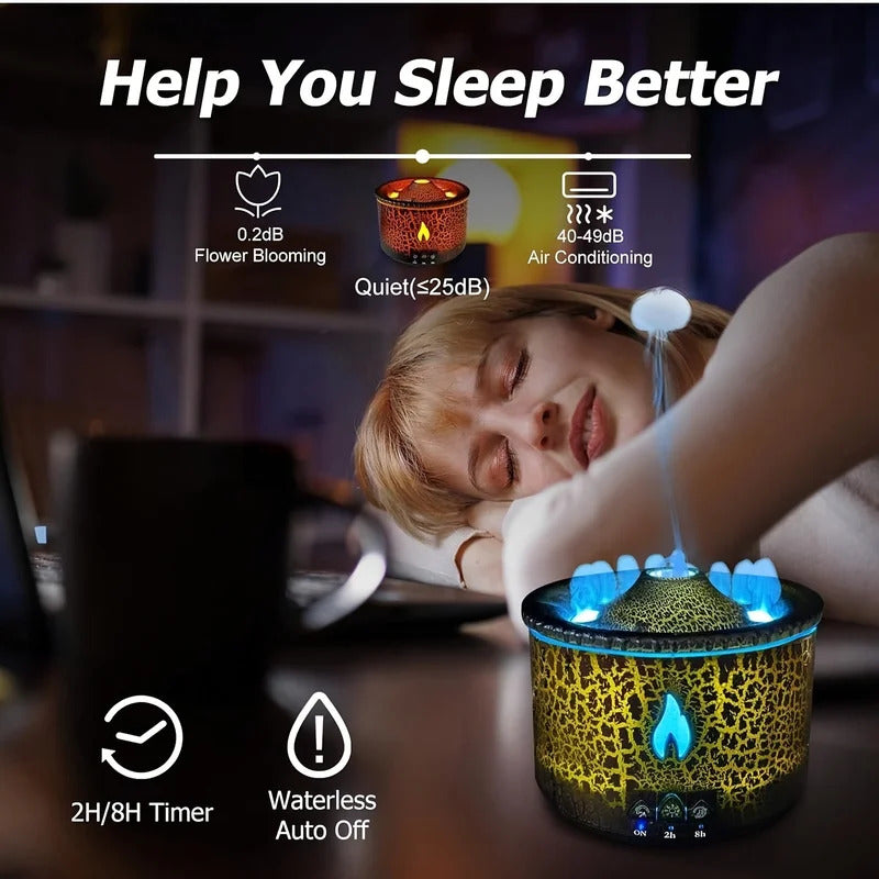 Volcanic Flame Aroma Diffuser With LED Night Light Portable Essential Oil Humidifier  Auto Shut-Off  2 Color Modes For Home