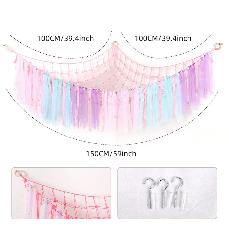 Cross-Border Ribbon Cotton String Doll Net Bag Hand-Woven Ribbon Triangle Net Bag Storage Net Bag Cotton String Wall Hanging Hammock