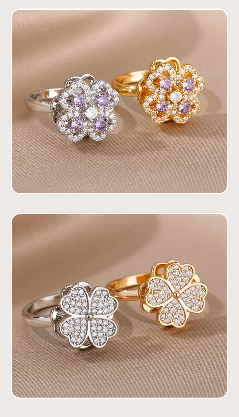 New Rotatable Zircon Flower Open Ring for Women, Unique Design Stress Relief Ring Wholesale