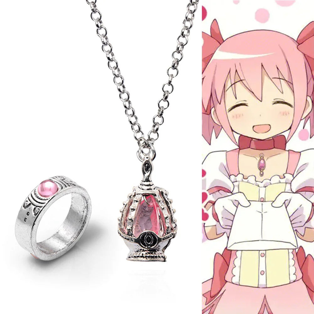 Anime Puella Magi Madoka Magica Soul Gem Necklace Crystal Pendant Ring Cosplay Costumes Lovers Jewelry Set Accessoies Prop