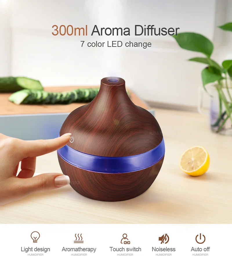 USB Cool Mist Sprayer Portable 300ml Electric Air Humidifier Aroma Oil Diffuser with Colorful Night Light for Home Car