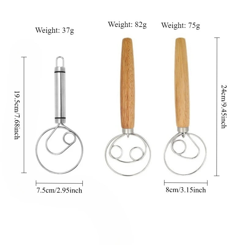 Best Wooden Hand Dough Whisk Stainless Steel Doutch Dough Whisk Kichen Cooking Whisks Utensil Egg Beater Pastry Tool