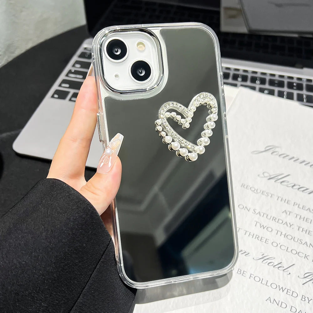 Love Heart Lanyard Mirror Phone Case For iPhone 13 11 16 15 Pro Max 12 14 Plus XR X XS Case Wrist Chain Makeup Mirror Soft Cover