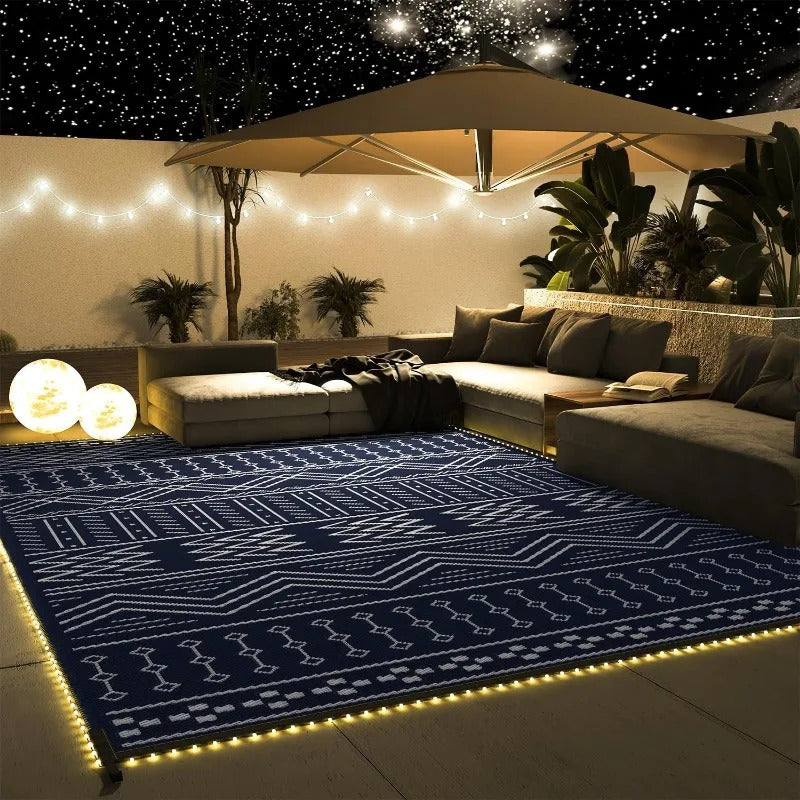 Outdoor Rug Carpet Waterproof 8x10 ft with LED Strip Lights-Patio Rug Mat Indoor Outdoor Rug for RV Camping Picnic