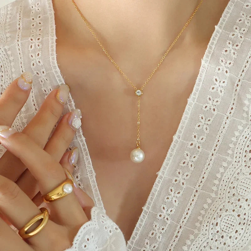 Women's Korean Style Stainless Steel Necklace Pearl Tassel Pendant Chain Zircon Minimally Designed