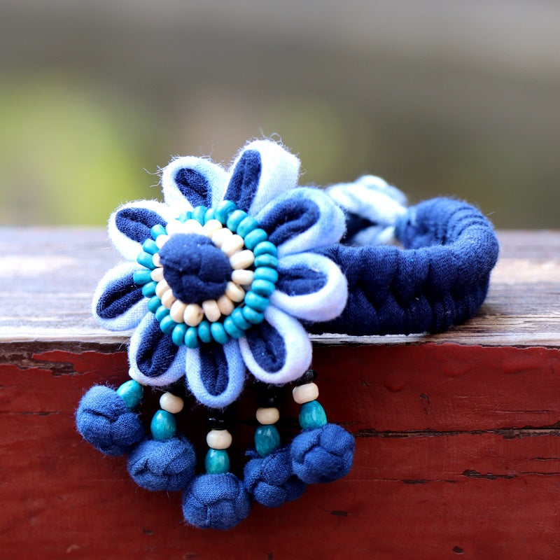 Blue Tie Dye Cloth Bracelet Dali Lijiang Hot Sale Hand-stitched Flower Fabric Bracelet Bracelet