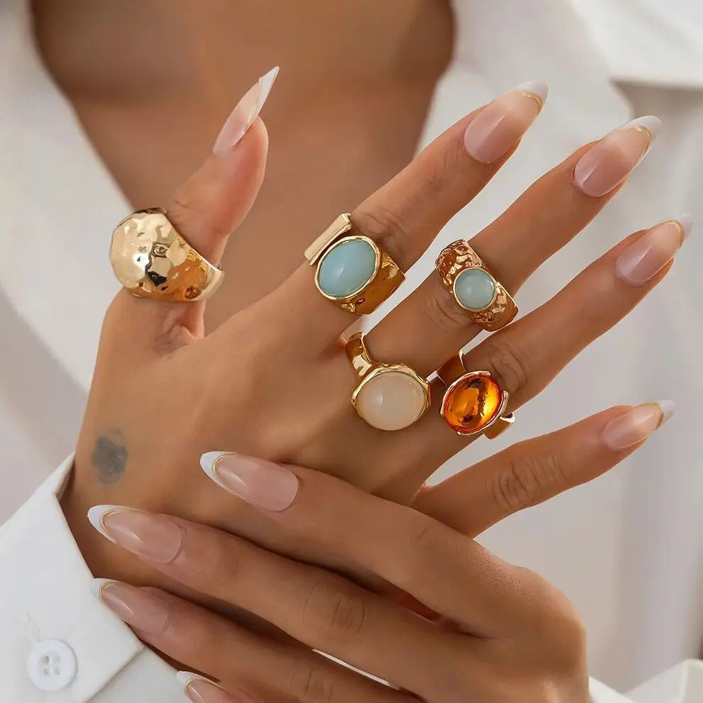 Ingemark 5Pcs/Set Retro Gold Color Irregular Metal Ring for Women Bohemian Open Adjustable Wide Ring Aesthetic Y2K Jewelry Gift