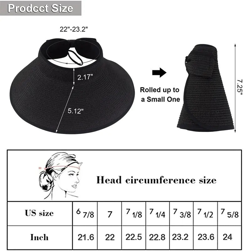 2023 New Women Roll Up Sun Visor Wide Brim Straw Hat Summer Foldable Packable UV Protection Cap for Beach Travel Bonnet