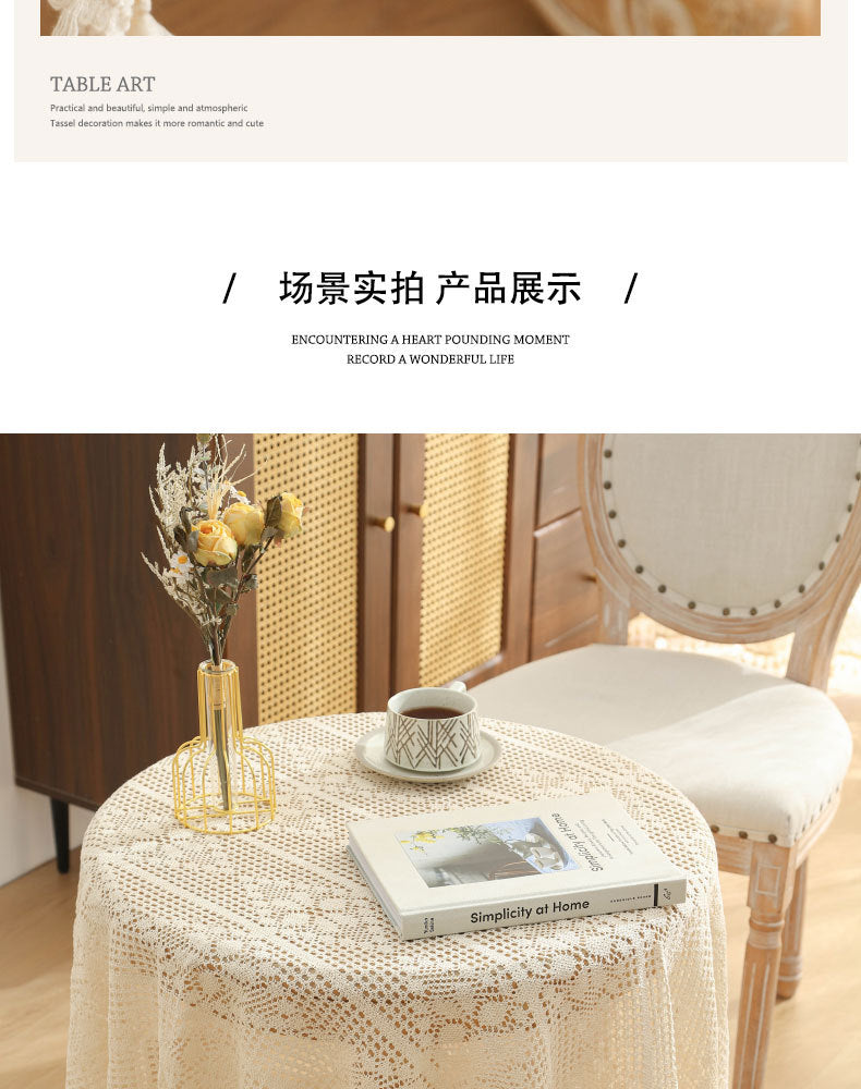 American Pastoral Cotton Woven Tablecloth Lace Hollow Crochet Tassel Dining Tablecloth French Cover Cloth Vintage Ins Tablecloth
