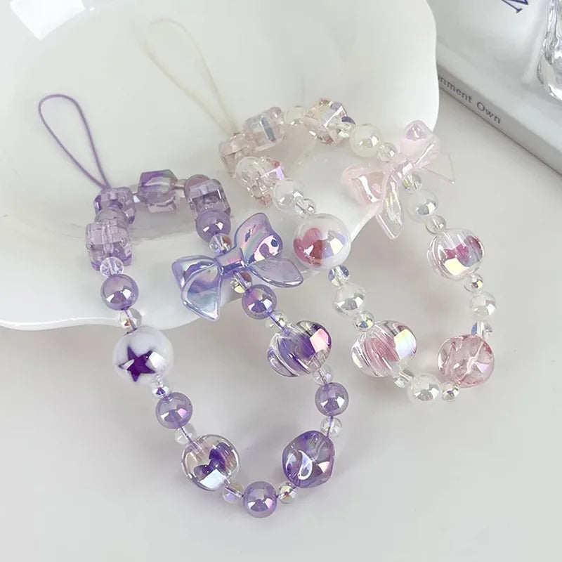 Sweet Candy Color Mobile Phone Chain Cute Bow Beaded Cellphone Pendant Charms Women Cell Phone Case Anti-loss Lanyard Jewelry