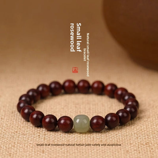 Natural Small Leaf Red Sandalwood Bracelet for Men and Women Couples Black Ebony Wooden Buddhist Beads Golden Silk Sandalwood Bracelet Hetian Jade Top Beads