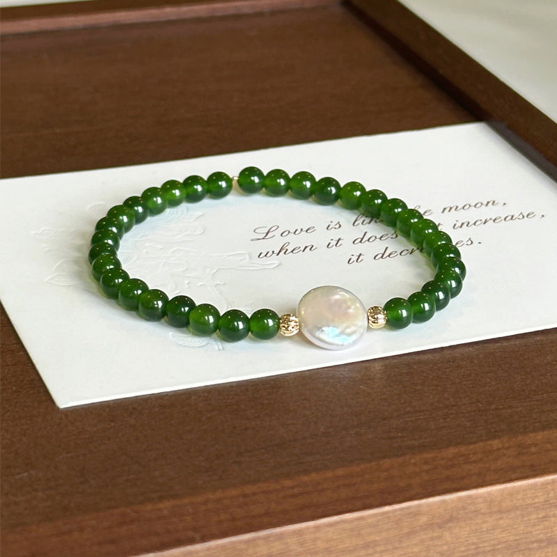Green Agate Chalcedony Natural Pearl Bracelet Summer Women's High-end Niche New Chinese Style Bracelet Non-fading Jewelry