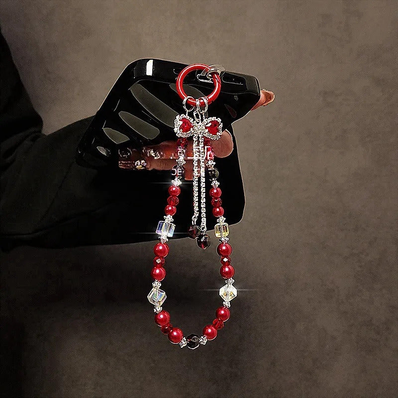 Luxury High-End Flash Diamond Bow Tassel Mobile Phone Chain Crystal Beaded Mobile Phone Lanyard Short Wrist Holding Chain
