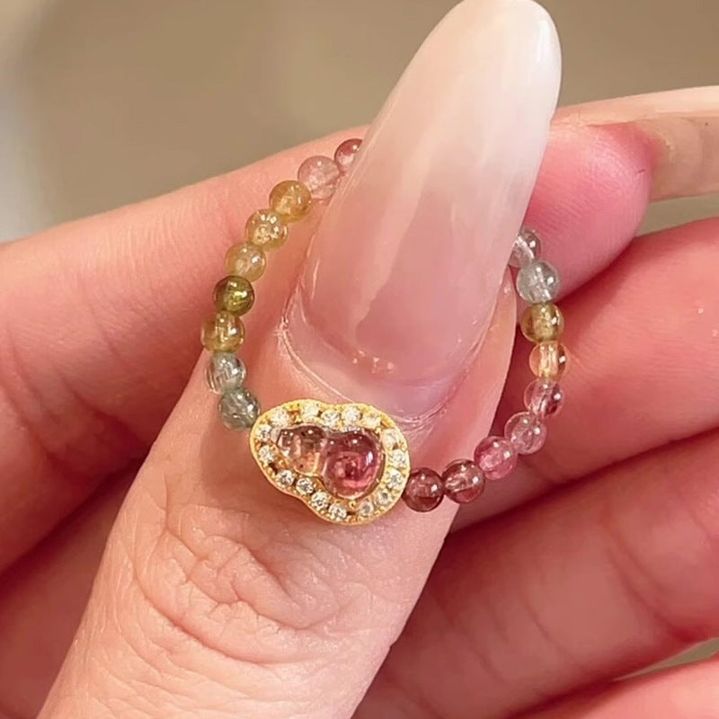 Natural Color Tourmaline Gourd Ring for Women, Niche Design, Non-Fading Crystal Ring, Light Luxury High-End Feel Hand Jewelry